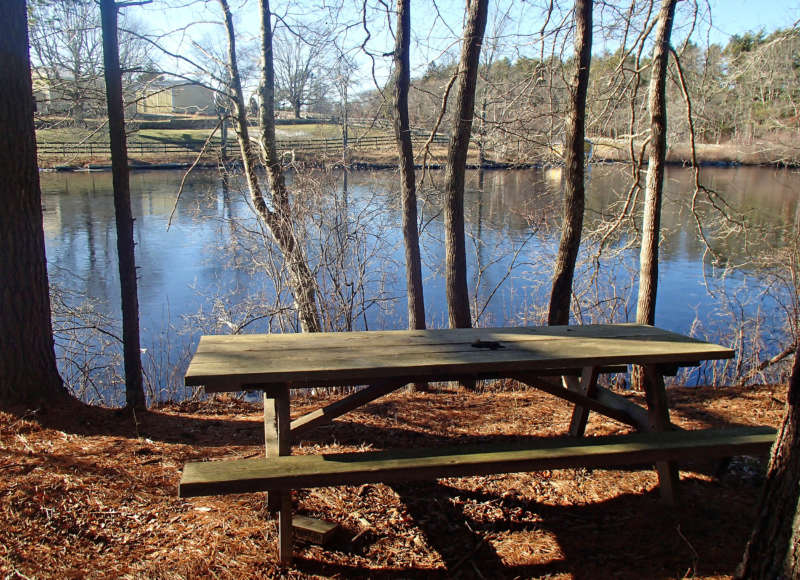 picnic table next to Leonard's Pond in Rochester