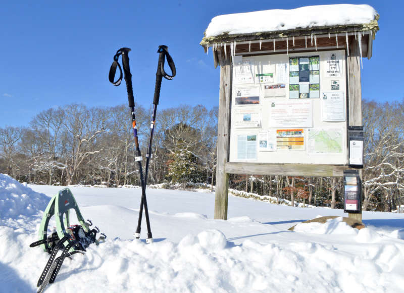 snowshoes and poles in the snow at Destruction Brook Woods trailhead