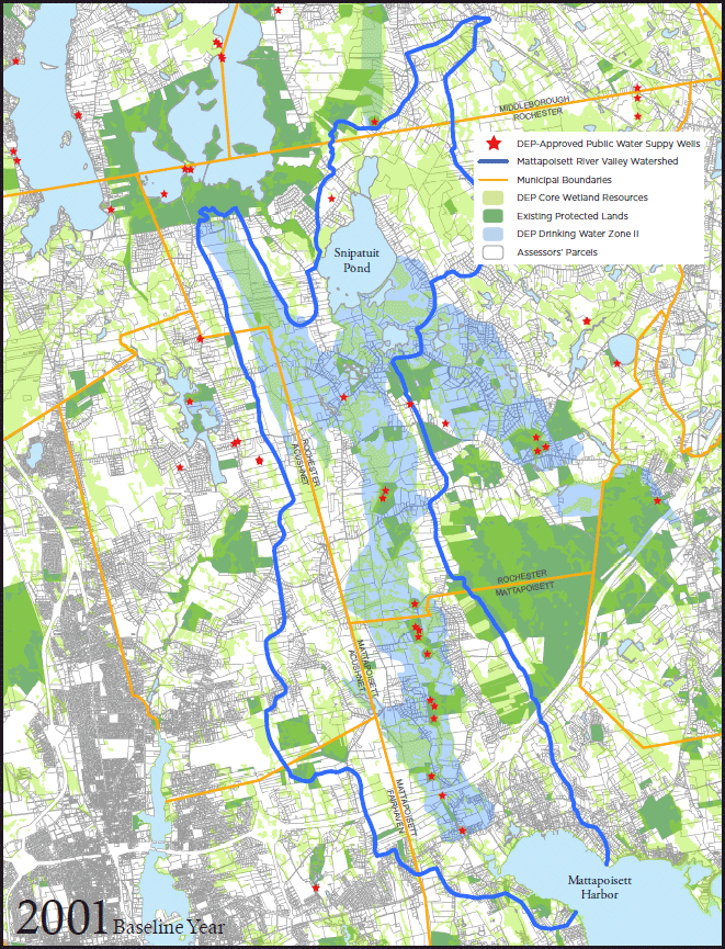maps that shows how land conservation in the Mattapoisett River Valley increased from 2001 to 2016