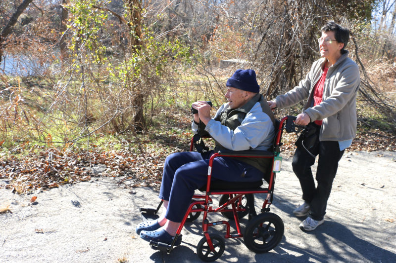 woman pushing man in a wheelchair near a pond