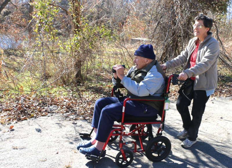 woman pushing man in a wheelchair near a pond