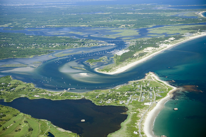 aerial photo of Westport Harbor and the Westport River inlet