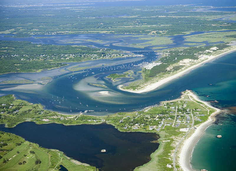 aerial photo of Westport Harbor and the Westport River inlet