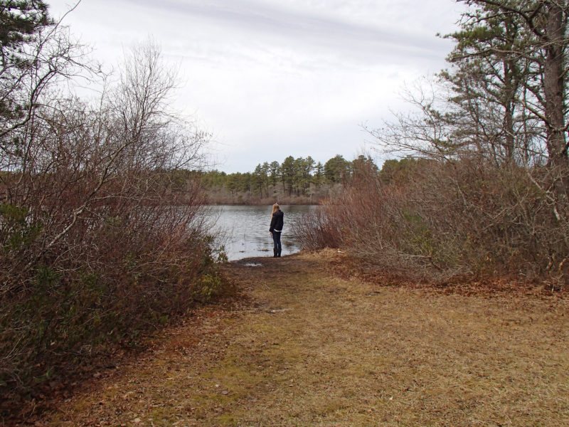 A woman standing by the Agawam Mill Pond at Whitlock's Landing in Wareham.