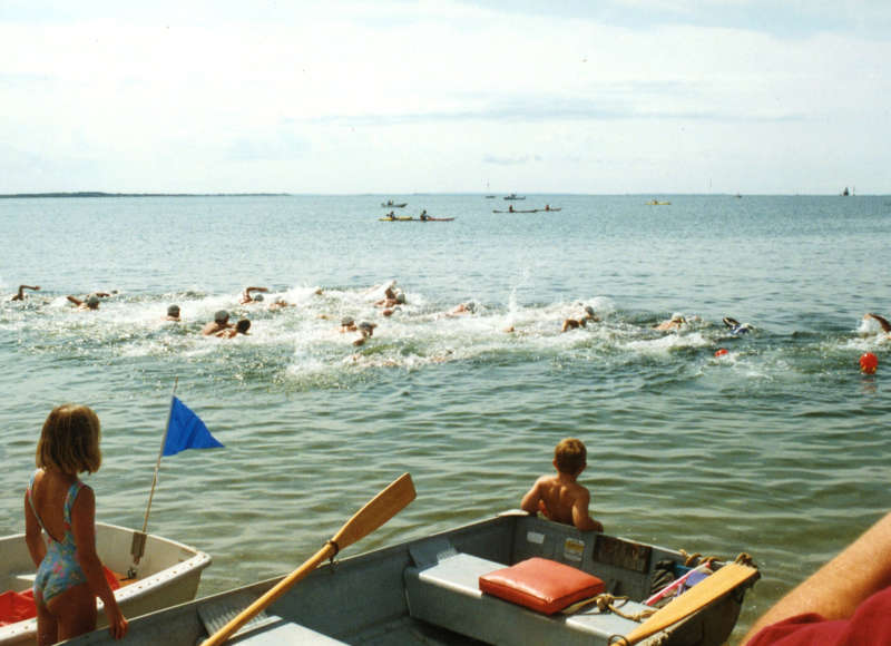 Swimmers take off from the start line at the 1998 Buzzards Bay Swim.