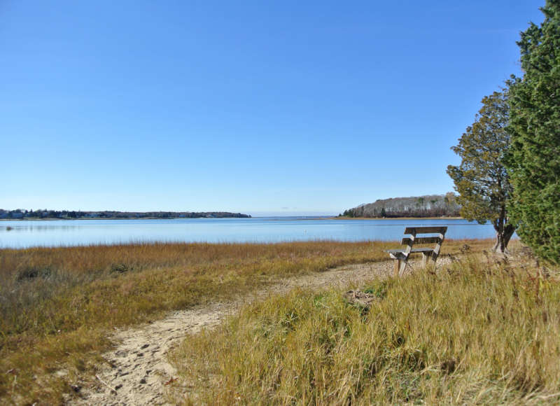 A bench by the shore of Little Bay in Bourne.