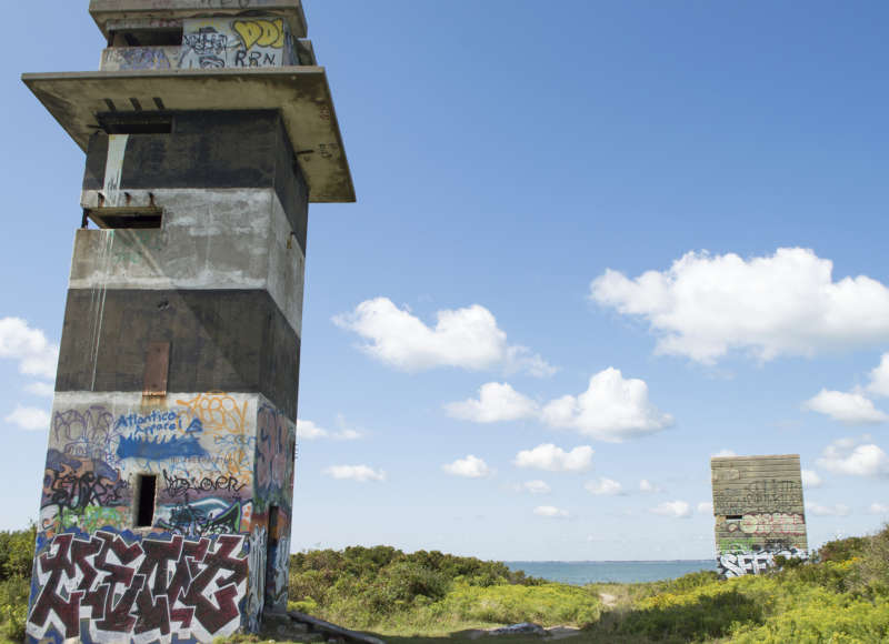 A view of Buzzards Bay between two World War II lookout towers at Gooseberry Island in Westport.