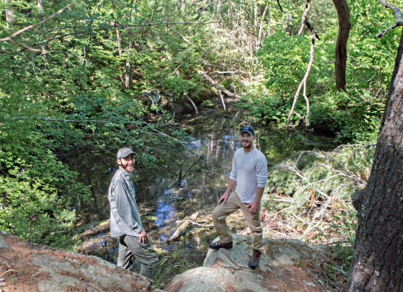 Two young men beside a vernal pool surrounded by green trees