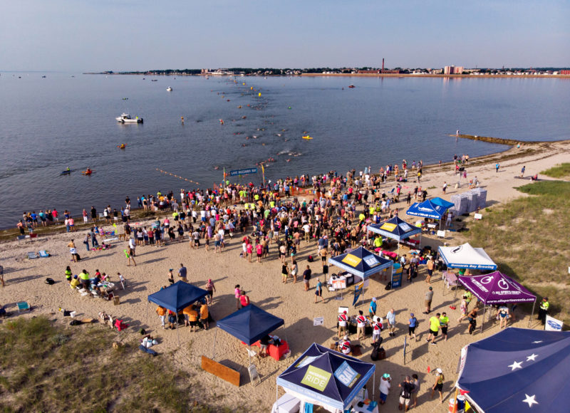 The finish line of the Buzzards Bay Swim, as seen from above, looking back towards New Bedford. (Photo by John Maciel)