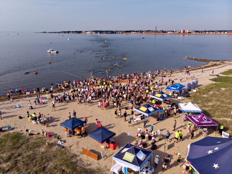 The finish line of the Buzzards Bay Swim, as seen from above, looking back towards New Bedford. (Photo by John Maciel)