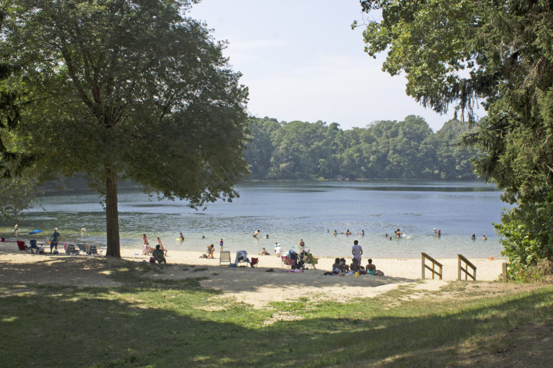 People gathered on the sandy beach and swimming in the waters of Grews Pond, at Goodwill Park in Falmouth