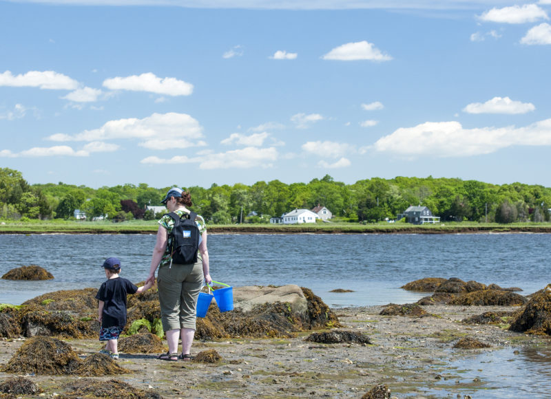 Mother and child walking along the rocks at Little Bay Conservation Area in Fairhaven