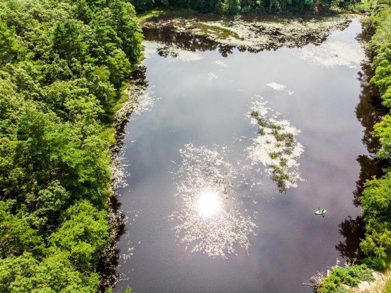 Kayaker in Westport's Forge Pond as viewed from above