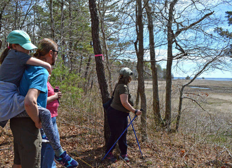 Family standing in front of the salt marshes at Marks Cove Conservation Area in Wareaham