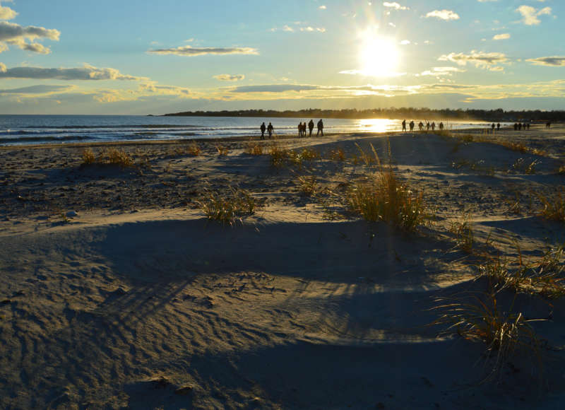 People walking along the sandy shore of Goosewing Beach Preserve at sunset