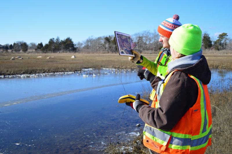 Two Buzzards Bay Coalition staff members monitoring land