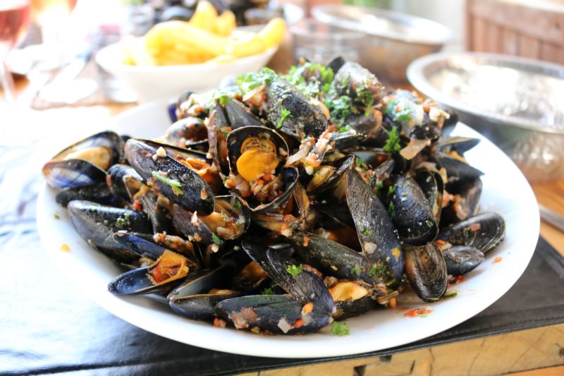 Plate of cooked mussels