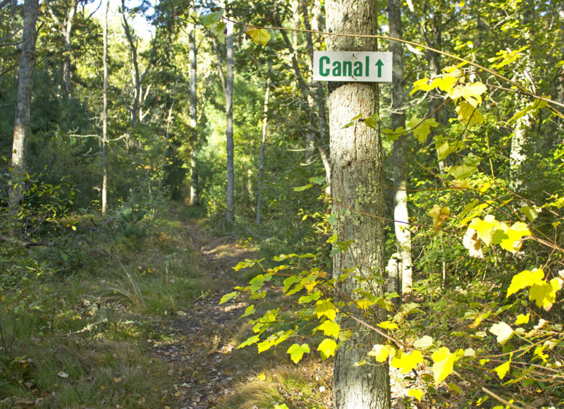 Sign for the Cape Cod Canal on the trails at Nickerson Conservation Area in Bourne