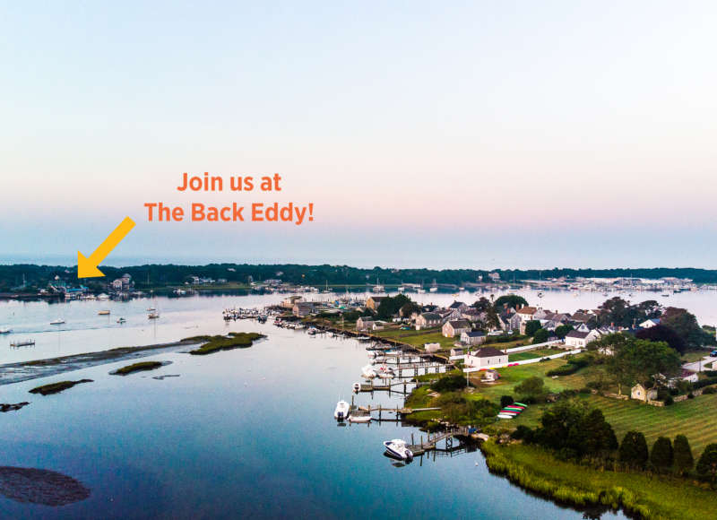 The Westport River with an arrow pointing to the Back Eddy Restaurant