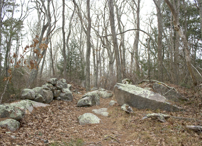 Large boulders on the path at Mock Moraine Trails in Falmouth