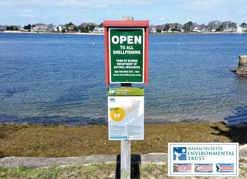 A Buzzards Bay Coalition Bay Health sign at Hen Cove in Bourne.