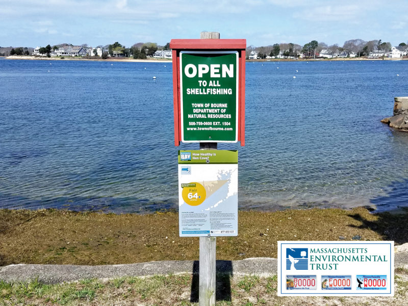 A Buzzards Bay Coalition Bay Health sign at Planting Island Cove in Marion.