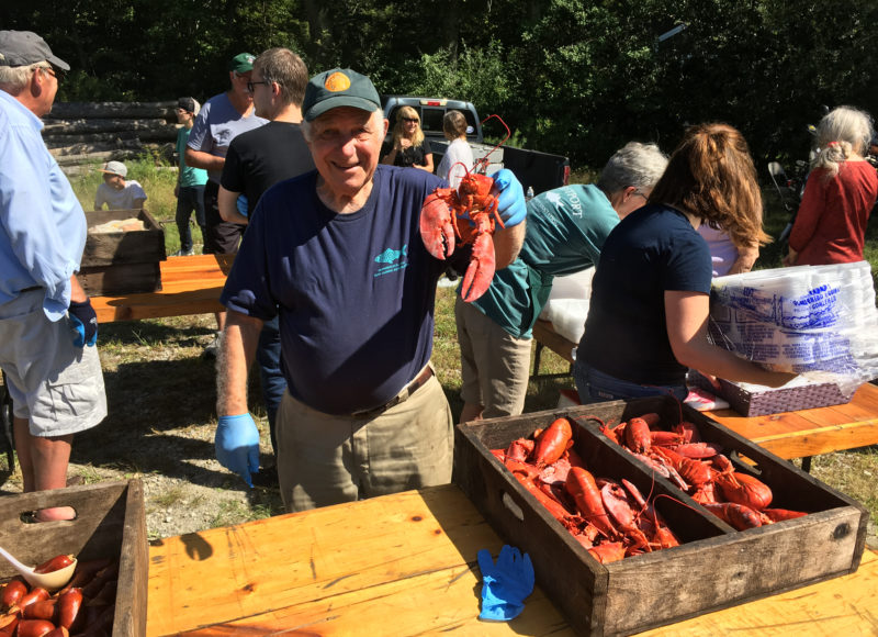 A man holding up a cooked lobster at a Westport Fishermen's Association clambake