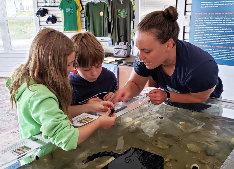 Two kids look at a hermit crab with an adult next to a touch tank