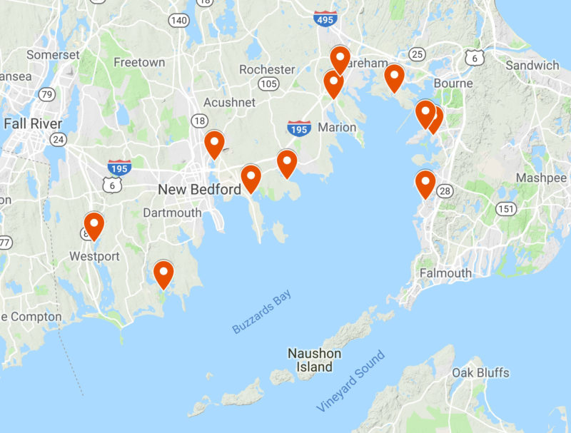 A map of the Buzzards Bay area with pins for salt marsh research sites