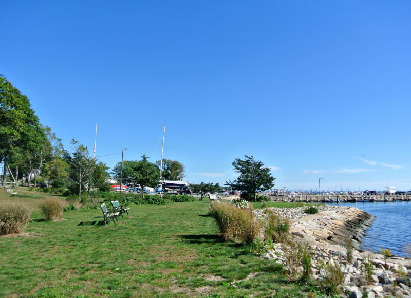 Benches along the seawall at Munro Preserve in Mattapoisett