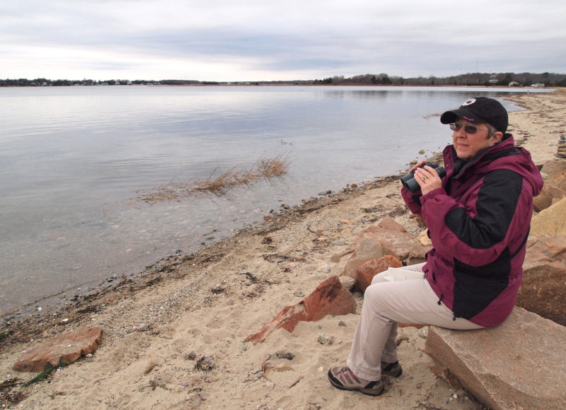 a woman sitting by Nasketucket Bay in Mattapoisett holding a pair of binoculars