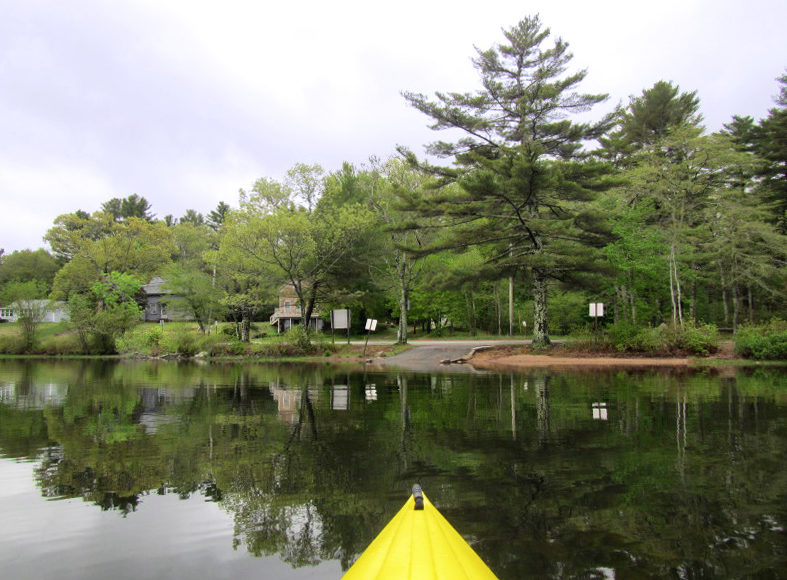 The paved boat ramp into Sampson's Pond as viewed from a kayak
