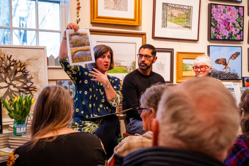 Scientists Rachel Jakuba, Neil Ganju, and Susan Teal at a panel discussion about the book at the Drawing Room in New Bedford.