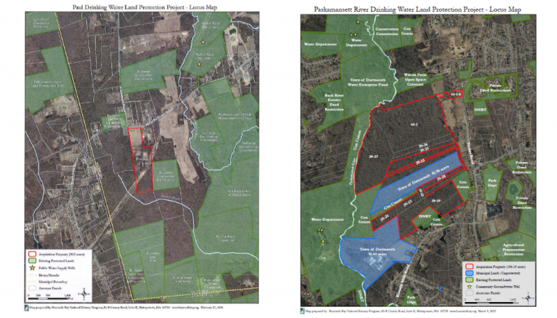 Town Maps of Rochester (left) and Dartmouth (right) show in red outline important land acquisitions made to protect town drinking water supply.