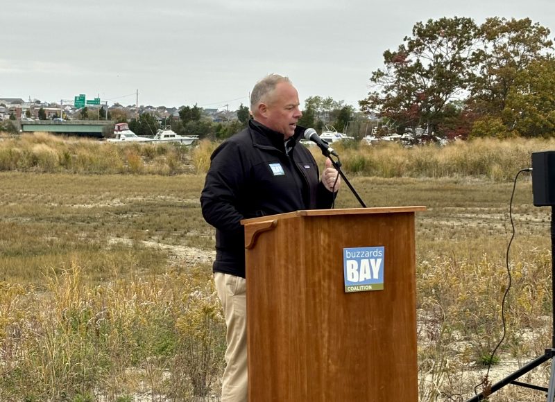 Mark Rasmussen addresses the audience at the Marsh Island opening