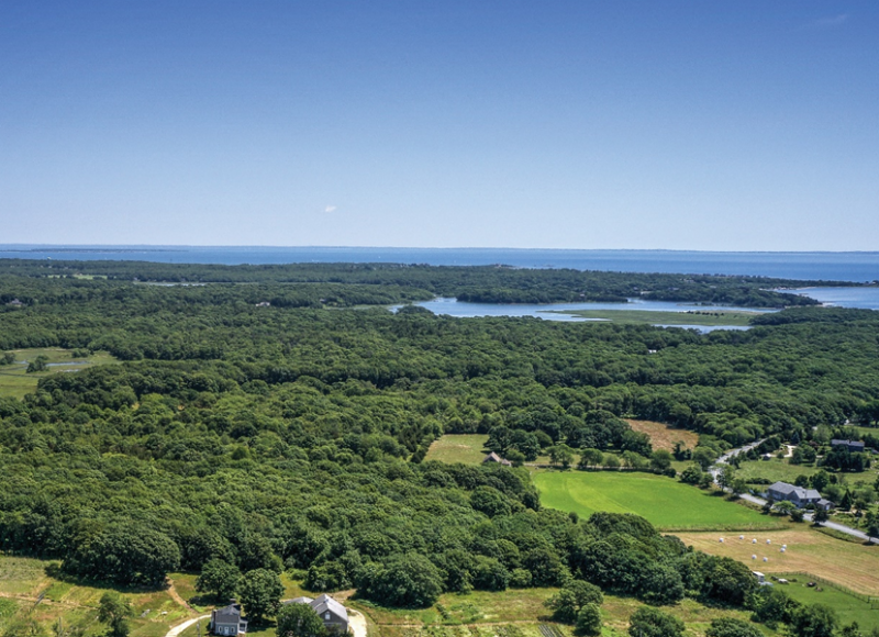 Birds-eye view of conserved land near Wainer Farm in South Dartmouth